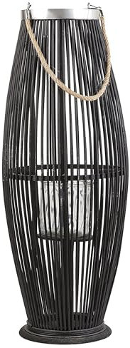 Bambusholz Deko Laterne schwarz Flechtoptik Windlicht mit Glaseinsatz Retro Gartenlaterne Kerzenhalter Kerzenständer 72 cm Tahiti