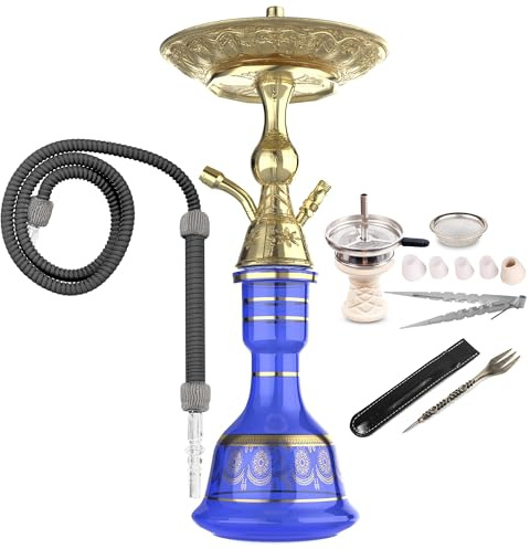 Luna Hookah Premium Travel Tradi Shisha Absolutes Komplett Set edles Design | Traditionelle Wasserpfeife 43 cm inkl. Steinkopf Kaminaufsatz Tradischlauch und Zange (Dunkelblau)