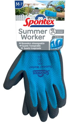 Spontex Summer Worker Handschuhe, Arbeitshandschuhe mit PU-Beschichtung, EN 388, Touchscreen kompatibel, leicht und atmungsaktiv, Größe M/7, 1 Paar, Blau, 3384125330172