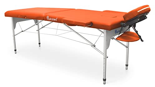 QUIRUMED Klappbare Massageliege aus Aluminium Easy, 186 x 66 cm, Farbe Orange, Kunstleder, leicht, tragbar, Abnehmbarer Kopf, Gesichtsloch, abnehmbare Arme, höhenverstellbar, bis 140 kg