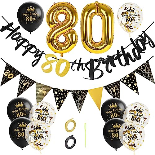 GoldRock 80. Jahrestag Dekoration Mann, Geburtstag Ballon 80, 80er Jahre Banner, Folienallon Zahlen 80, Schwarzes Gold