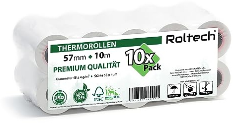ROLTECH | 10 termopappersrullar | 57 mm x 10 m x 12 mm | BPA-fri | EC Cash | kassarullar | termopapper | kvittorullar | premiumkvalitet (10)