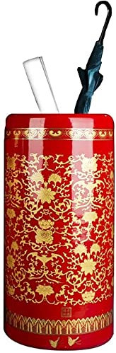 FSunKoFu Umbrella Holder Organizer Indoor Home Office Red Round Ceramic Umbrella Racks Stand, Retro Umbrella Holder with Pattern for Flower/Decor/Trekking Poles