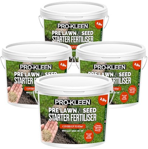 Pro-Kleen Pre Lawn & Seed Starter Fertiliser - Phosphorus Rich with Nitrogen, Potassium & Magnesium (NPK 8-12-8 + 3MgO) with Zinc & Seaweed - Non-Toxic & Non-Staining - Covers up to 332m2 (4 x 2.5kg)