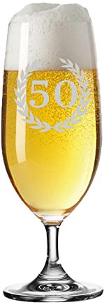 LUXENTU Tulipano da birra con incisione in vetro Pils 0,3 litri con corona di alloro incisa, bicchiere da birra come regalo per il 50° anniversario/compleanno, lavabile in lavastoviglie