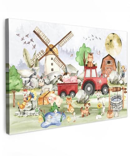 MuchoWow© Leinwand Deko Schlafzimmer Aesthetic Leinwandbilder Wohnzimmer | 90x60 cm - Gemälde Foto Geschenk Living Room Decoration Jugendzimmer - Bauernhof - Traktor - Kinder - Tiere