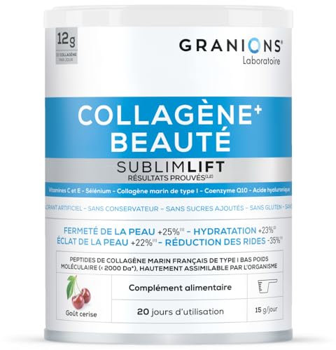 COLLAGENE MARIN Beauté Sublimlift - GRANIONS Collagène N°1 en Pharmacies - 12 g de Collagene Par Jour - Collagene Marin Acide Hyaluronique - Saveur Cerise - Collagene Poudre 300 mg - 1 mois