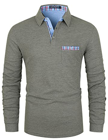 LIUPMWE Poloshirt Herren Langarm Getäfelt T Shirts Männer Hemd T-Shirt Slim Fit Golf Sports,Grau,M