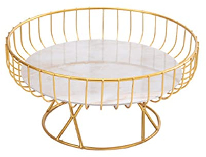 GLOGLOW Hollow Fruit Basket, High Foot Fruit Tray Metal Wire Storage Basket for Fruits Vegetables Breads Snacks (S Golden)