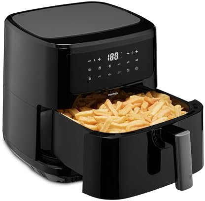 MEDION Freidora de aire caliente P10 XL (Air Fryer, cesta de freír XXL de 6,8 litros, 2.150 vatios, dos resistencias de acero inoxidable, 9 programas automáticos, panel de control táctil) negro