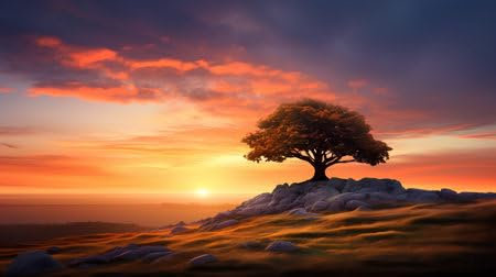 adrium Acryl-Bild 70 x 40 cm: Einsamer Baum auf einem Hügel bei Sonnenuntergang. 3D-Rendering (212919740)