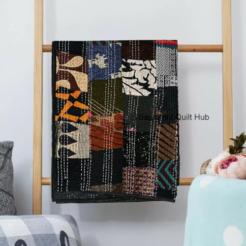 Handgefertigte Vintage-Sari-Patchwork-Kantha-Steppdecke, Vintage-Stil, dekorative Tagesdecke, Quilten, Hippie-Steppdecke, King-Size-Bett, Überwurf, Decke, Schwarz, 274 x 308 cm