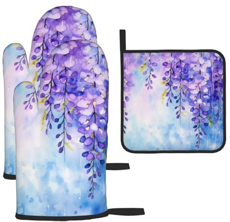 Watercolor Purple Flower Floral Printed Oven Mitts And Pot Holders Sets Oven Mitts Heat Resistant Oven Gloves For Cooking Baking Kitchen BBQ