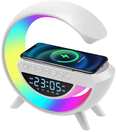 HOUSECURITY Atmosfera luce Notturna Caricabatteria per Telefono Wireless Altoparlante Bluetooth Sveglia Tutto in una Lampada da Tavolo a LED per Camera da Letto, Soggiorno, Ufficio (BT-3401)
