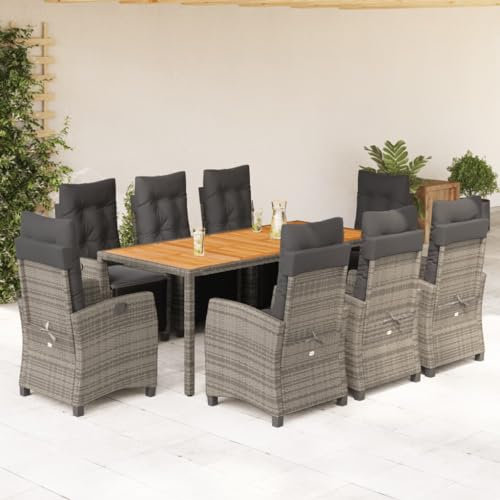 Gecheer 9-TLG. Garten Essgruppe 8 Personen, Gartenmöbel Set, Tisch mit Stuhl Garten, Terassenmöbel, Gartengarnitur für Garten Terrasse, Kissen, Grau Poly Rattan