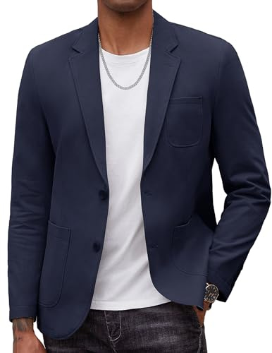 COOFANDY - Blazer da uomo, lavaggio smart, vestibilità regolare, in cotone, cappotto sportivo, giacca da abito casual, Blu navy, 3XL