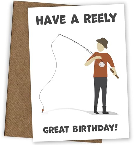 Hey Chimp Angel-Geburtstagskarte für Ihn – Have a Reely Great Birthday Fishing Witz/Wortspiel – für alle erwachsenen Männer, Männer und Angler, lustige Geburtstagskarte für Ihn