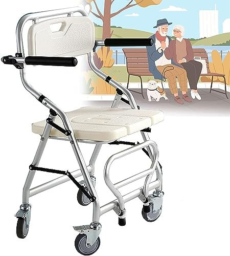 HPTHLY Duschstuhl mit Rädern, Duschhocker aus Aluminiumlegierung, Faltbarer Duschsitz mit U-förmigem Hygienebereich und Rückenlehne, Badewannenstuh,