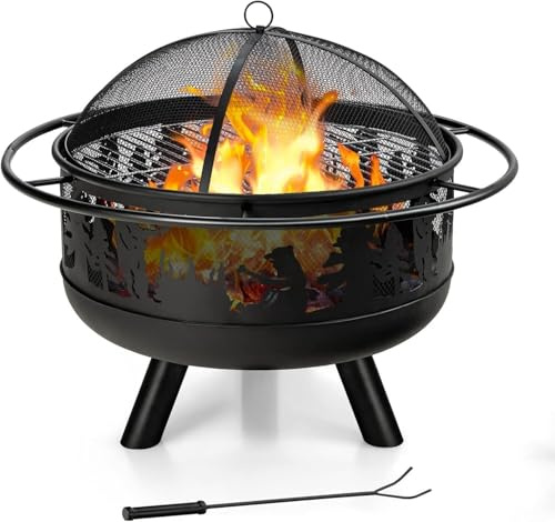 Caminetto portatile per esterni, Ciotola for braciere grande da 77 cm, braciere a legna 2 in 1 con griglia di cottura, parascintille e attizzatoio, bruciatore rotondo in metallo