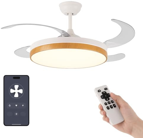 VENTILADOR TECHO LED APP MOVIL FACIL MONTAJE TECHO DC LED ATENUABLE RETRACTIL 4 ASPAS - Opción Sin Pitido, Temporizador, Invierno Verano, 3 Tonos, Modo Brisa, Bajo consumo (Madera, 107D)