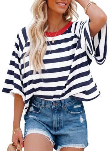 Chicrise T Shirts for Women Summer Striped Color Block Short Sleeve Tops Loose Fit 2026 Fashion Tee Shirts Blue White Large 42-44
