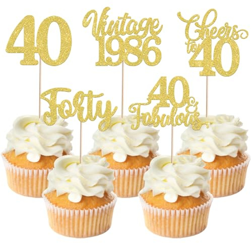 SYKYCTCY 30 Pack Happy 40th Birthday Cupcake Toppers Glitter Forty Vintage 1986 Cupcake Picks Cheers to 40 Fabulous Cake Decorations for 40th Birthday Wedding Anniversary Party Supplies