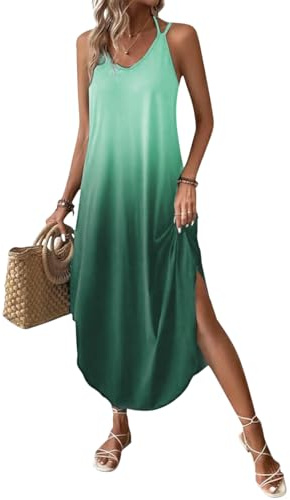 Chicrise Womens Summer Dresses V Neck Sleeveless Maxi Dresses Flowy Spaghetti Strap Dress Loose Green Large 16-18