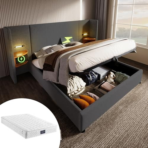 Doppelbett 160×200, integriertes Kopfteil mit USB Type-C Ladefunktion&Leselampe&Nachttisch, Polsterbett Bettanlage Hydraulisch Stauraumbett Bettgestell mit Lattenrost, Leinen, Mit Matratze, Grau