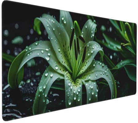 Musmatta 800 x 400 x 3 mm stor spelmusmatta grön lilja blomma skrivbordsmatta sydda kanter, musmatta halkfri gummibas, vattentät mjuk duk, datortillbehör för inredning av hemmakontor, gåvor L-657