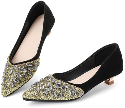 Danglianying Women's Kitten Heels Low Heel Dress Shoes Closed Toe Pumps Rhinestone Pointed Toe Sparkly Back Bridal Wedding Party Black Glitter Pumps Size 8