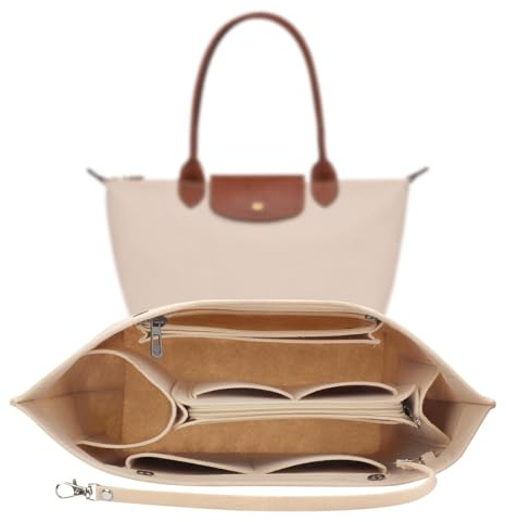 ZOLGINAH Organizador de Bolsos de Mujer Fieltro para Longchamp, Bag Organizer Insert Bolsillos Interiores Almacenar Cosméticos, con Compartimento Extraíble, Llavero (Beige, M)