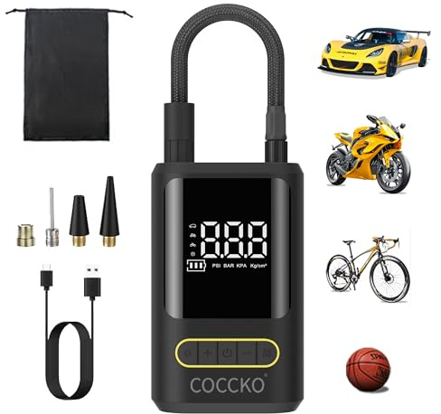 Elektrische Luftpumpe,COCCKO 150PSI Tragbare Akku Mini Kompressor, Digitale Anzeige Elektrische Fahrradpumpe, LED-Licht, wiederaufladbar Reifenfüller 5 Modi, für Auto Motorrad Fahrrad Ball
