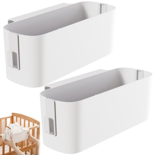 2 stycken sängorganiserare för upphängning med avtagbara krokar, hängande sängförvaringskorg av högkvalitativ PP-plast, multifunktionell sängbordsorganisatör för mobiltelefon, babysäng, kontor, vit