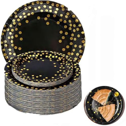 Bessy shop 50 Piezas Vajilla de Fiesta Negra con Puntos Dorados Juego de Platos Desechables de Cartón para Bodas,Fiestas,Cumpleaños,Navidad (7 Pulgadas)