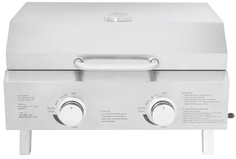 Barbecue da tavolo, 2 fuochi, barbecue a gas da campeggio, termometro integrato e contenitore per grasso rimovibile, portatile, in acciaio inox, per campeggio, picnic, balcone, giardino