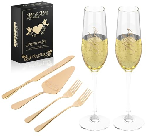 4/6 stycken tårtspade set rostfritt stål, tårtknivar, bröllop med champagneglas-kit, innehåller 2 champagneglas, 1 tårtspade, 2 bordsgafflar och 1 skärkniv, för bröllop, jubileum, födelsedag (guld, 6