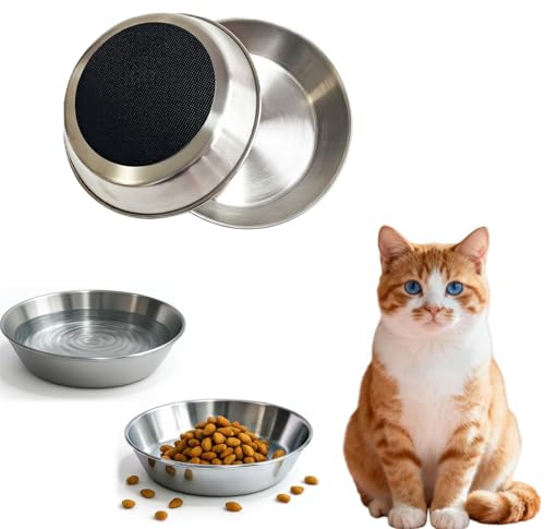 2er Set katzennapf edelstahl15 cm, 304 Fressnapf Katze mit Silikon Anti-Rutsch Unterlage und Reinigungstuch, Flache gegen Schnurrhaarermüdung, Spülmaschinenfest, Ersatz für kleine Katzen und Hunde