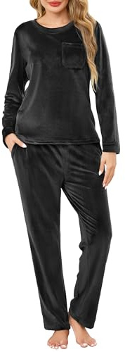 Lovasy Pigiama Donna in Pile Morbido Set Pigiama Invernale Caldo e Soffice | Scollo Rotondo Pigiami Due Pezzi Maniche Lunghe con Tasche
