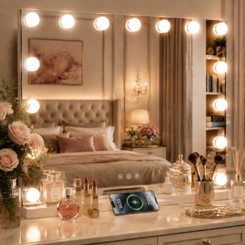 KOHEOPT Hollywood Kosmetikspiegel für Make-up mit Lichtern, 58 x 46 cm, Typ-C und USB-Ausgang, 15 dimmbare LED-Leuchtmittel mit hohem CRI, 3 Beleuchtungsmodi, Tisch- und Wandmontage