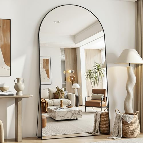Antok 208x112cm Ganzkörperspiegel, Gewölbter Standspiegel, Rahmen aus Aluminiumlegierung, Bruchsicheres Glas, Bodenspiegel für Wohnzimmer, Ankleide, Schwarz