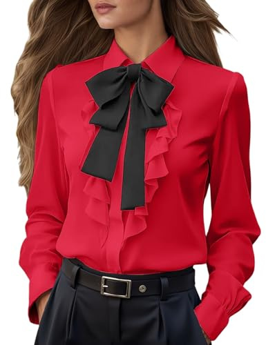 Generisch Elegant Camicetta da Donna in Raso, con Bottone, con Fiocco, a Maniche Lunghe, Camicia da Ufficio, Camicia a Maniche Lunghe, Casual, con Volant, Camicie da Lavoro, O rosso., M