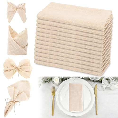 Tygservetter bomull, set om 12 tygservetter beige, bomull muslin servetter tyg bordsservetter 43 x 43 cm tvättbara servetter bordsdekoration för bröllop födelsedag restaurang fester