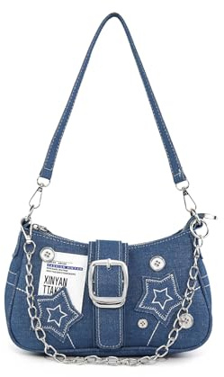 AfitLulu Klein Umhängetasche Damen Denim Schultertasche mit Handkette und Abnehmbarem Schultergurt, Kleine Y2k Fashion Unterarmtasche Hobo Bag mit Reißverschluss