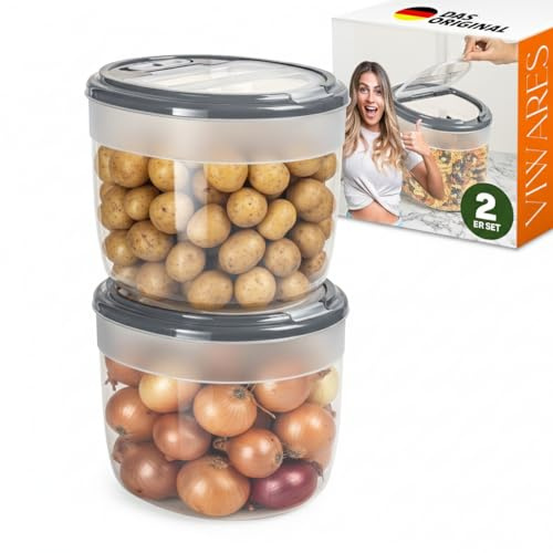 Viwares Vorratsbehälter 2er Set, Stapelbar, BPA-frei | 8L Kartoffel Aufbewahrung mit Klappdeckel und Belüftung, Transparent Weiß, für Zwiebeln und Lebensmittel (Anthrazit)