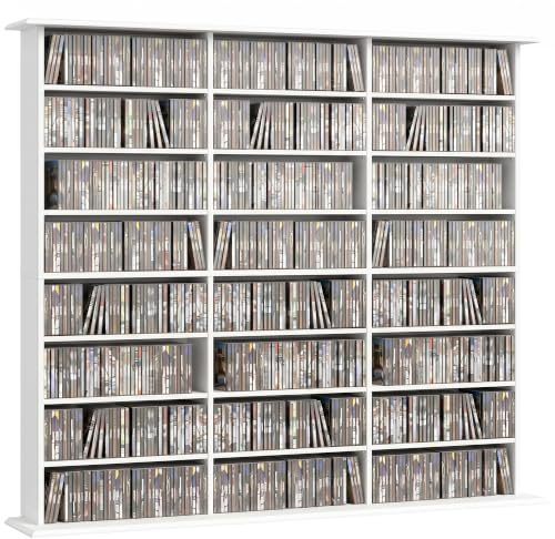 HOMCOM Rangements pour CD et DVD 145x24x126,3cm Blanc | Meuble de Rangement Multimédia, Capacité Max. 1032 CDs/594 DVDs et Blu-ray, 24 Compartiments et 18 Étagères Réglables