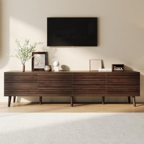 Merax Meuble TV 180 cm 4 Portes avec Rangement, Finition Noyer, jusqu'à 75 | Meuble TV avec passe-câbles, 6 compartiments et portes à ouverture par pression pour salon moderne