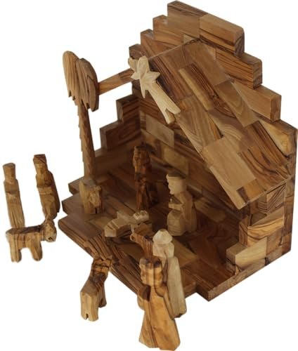 Holy Land Market Olive Wood Nativity Scene - Inspirational Indoor Nativity Set with Plain Roof Stable, 12 Hand-Carved Pieces - Authentic Wooden Nativity Set for Christians, 8x7 3/8 Inches