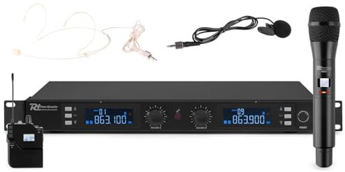 Power Dynamics PD632C Set de 2 micrófonos UHF, 1 Micrófono de Mano y 1 Micrófono de Diadema o Microfono Solapa con 1 Petaca y 1 Receptor, 2 x 20 Canales UHF, PLL, 19, Incluye Maletín de Aluminio