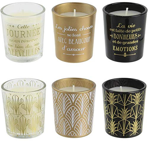 HOME DECO FACTORY - BO5134, Coffret de 6 bougies parfumées assorties senteur vanille, pots en verre doré, noir et transparent, dimensions 5,5 x 14,6 x 18,6 cm