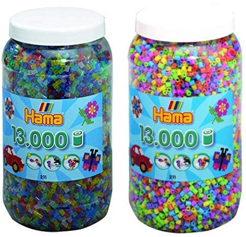 Hama 211-54 - Bügelperlen Dose mit ca. 13.000 Perlen, transparent mit Glitter & 211-50 - Bugelperlen, 13000-teilig